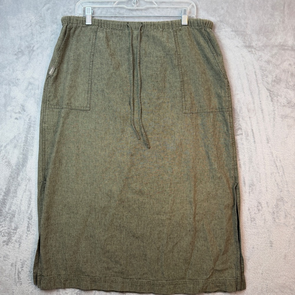 Eddie Bauer Skirt Womens Large Petite Green Linen Blend Drawstring Casual Midi